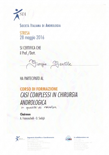 Attestato di relatore al corso Casi complessi in chirurgia andrologica, Stresa 2016