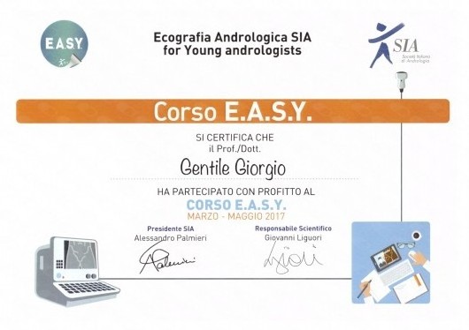 Attestato del Corso E.A.S.Y. di ecografia andrologica SIA, 2017
