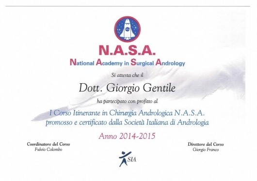 Attestato del I Corso Itinerante in Chirurgia Andrologica N.A.S.A., 2014-2015